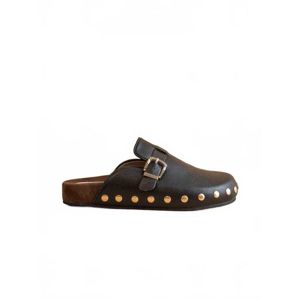 Leather Studded Mule with Buckle - Brown